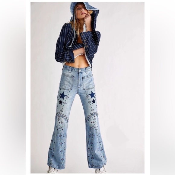Free People Delphine Embroidered High Rise wide leg Jeans - Picture 1 of 10